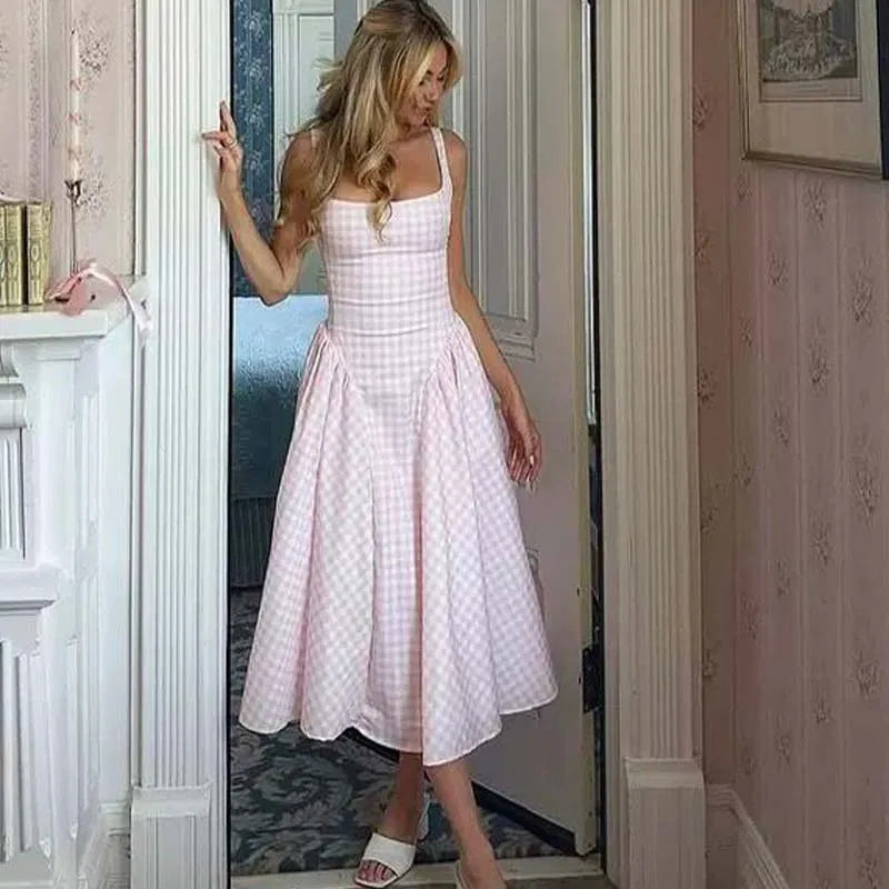 Gingham Square Neck Basque Waist Gathered Midi Dress