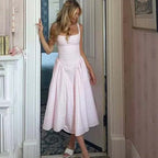 Gingham Square Neck Basque Waist Gathered Midi Dress