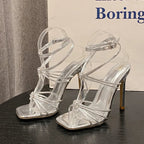 Narrow Band Buckle Strap Sandals with Square Toe and Thin High Heels for Women