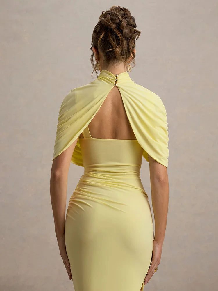 High Neck Diamond Open Back Ruched Cape Sleeve Asymmetric Hem Midi Dress