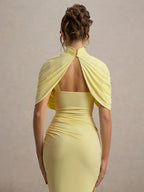 High Neck Diamond Open Back Ruched Cape Sleeve Asymmetric Hem Midi Dress
