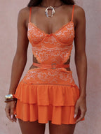 Floral Lace Bustier Sweetheart Neck Side Cut Out Tiered Ruffle Mini Dress
