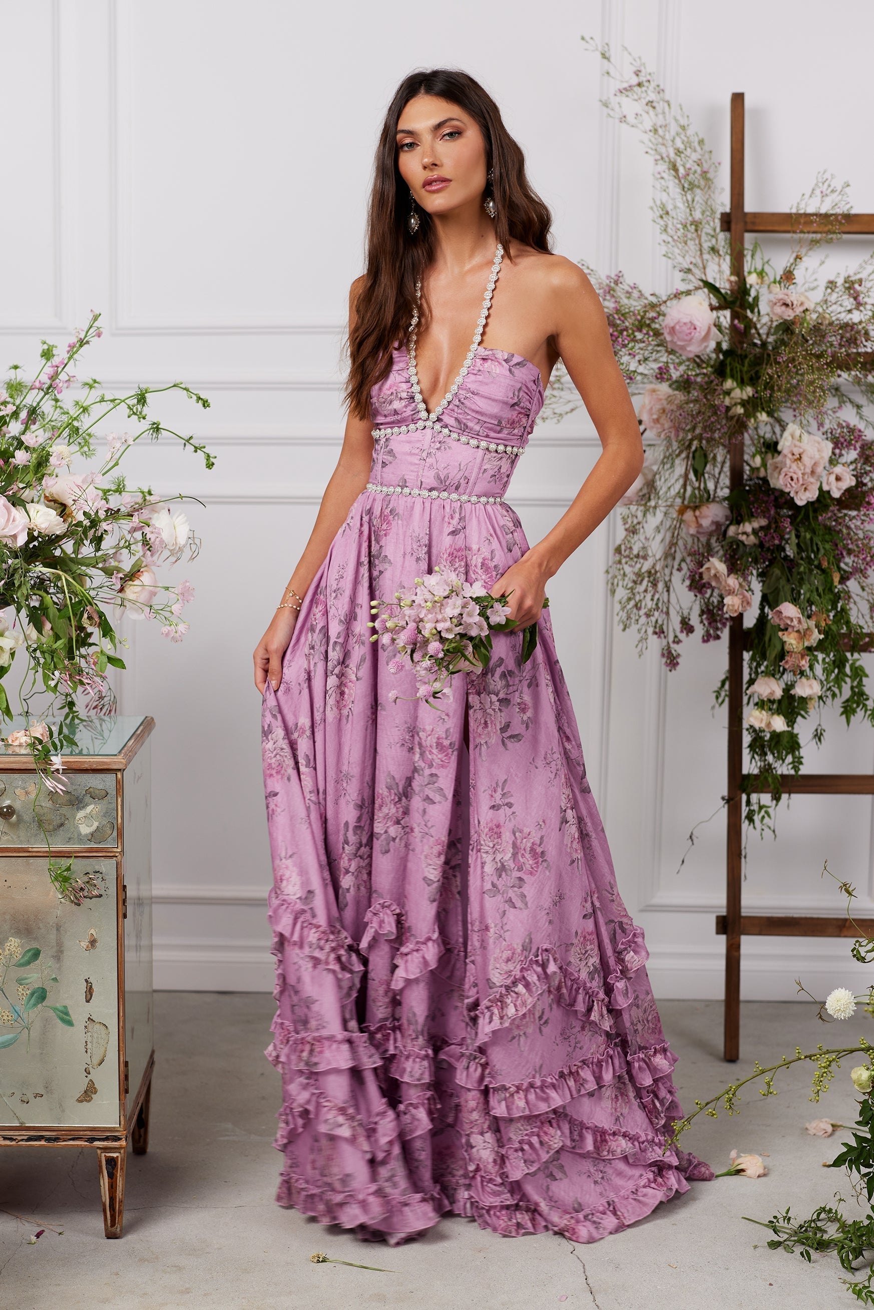 Halter Deep V Neck Pearl Trim Corset Bodice Tiered Ruffle Floral Maxi Gown