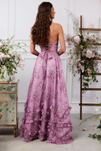 Halter Deep V Neck Pearl Trim Corset Bodice Tiered Ruffle Floral Maxi Gown