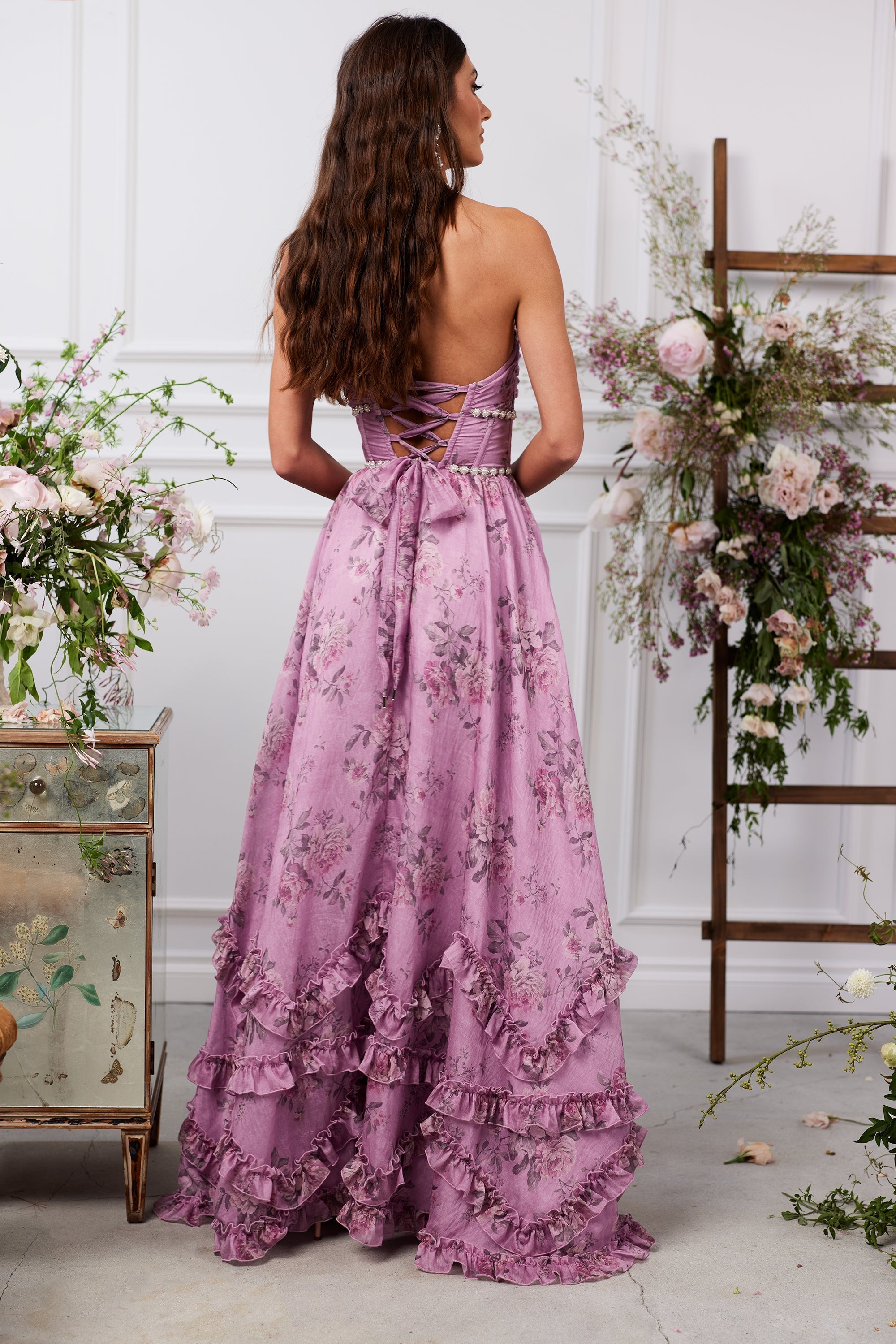 Halter Deep V Neck Pearl Trim Corset Bodice Tiered Ruffle Floral Maxi Gown