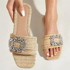 Summer Glitter Rhinestone Women Sandals with Flat Bottom