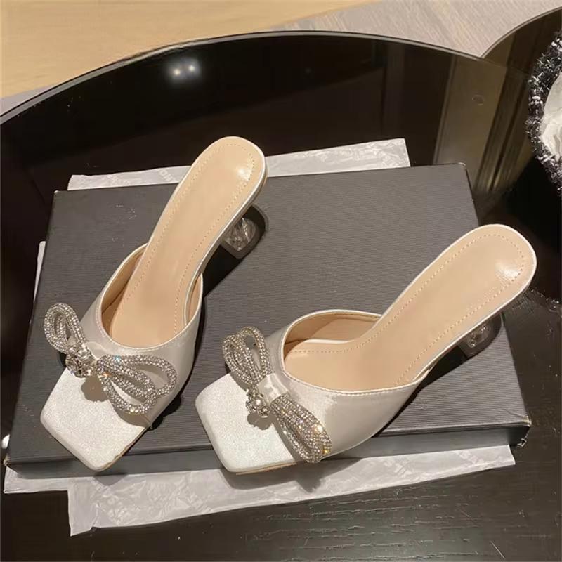 Crystal Butterfly-knot Slippers Women Fashion Square Toe Transparent Low Heels