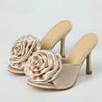 Silk Flower Peep Toe High Heel Slipper Mule Slides for Women