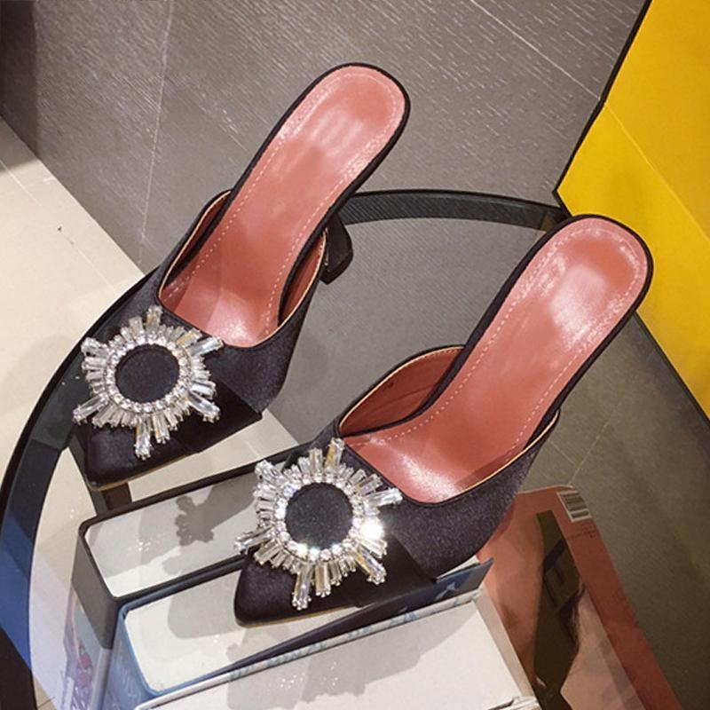 Red Silk Satin Pointed Toe Pumps with Rhinestone Crystal Wedding Slip On Strange Style Heel