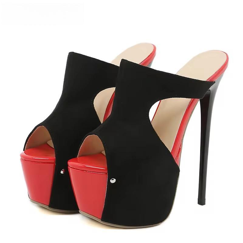 Summer Black Thin Heels Platform Slippers for Women with Hollow Out Design