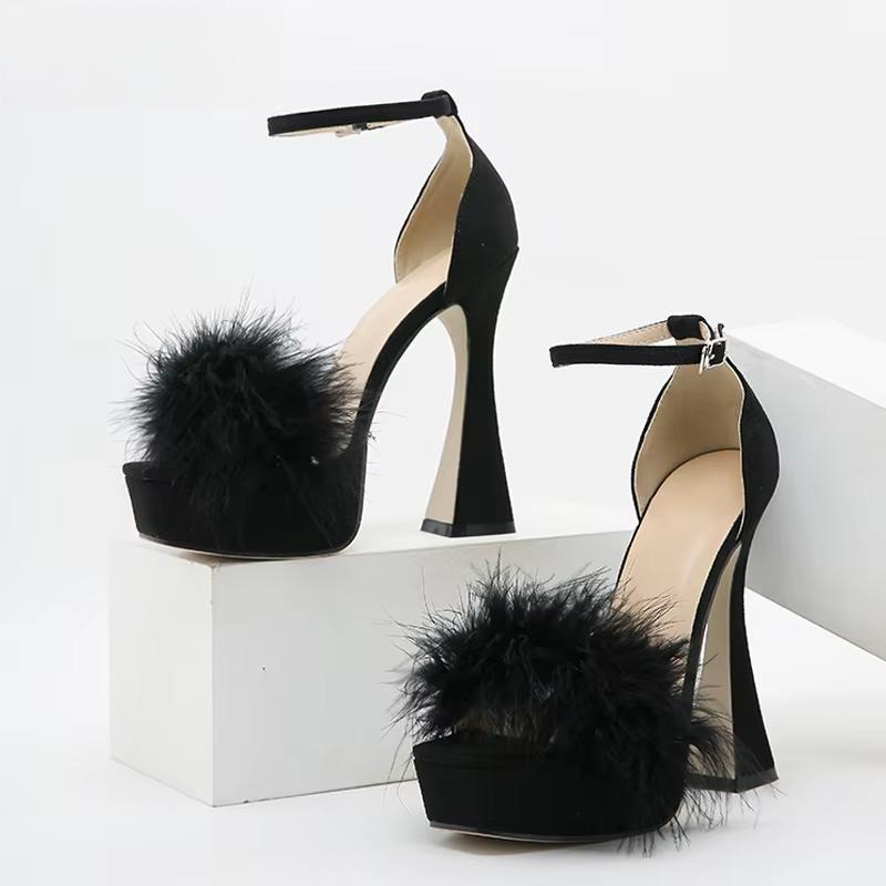 Faux Fur Chunky High Heels Sandals