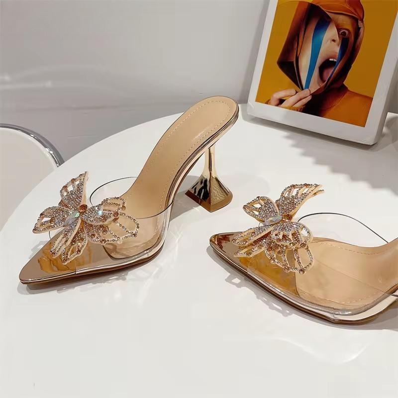 Crystal Bowknot Women Slippers with Sexy Pointed Toe and Strange Heels