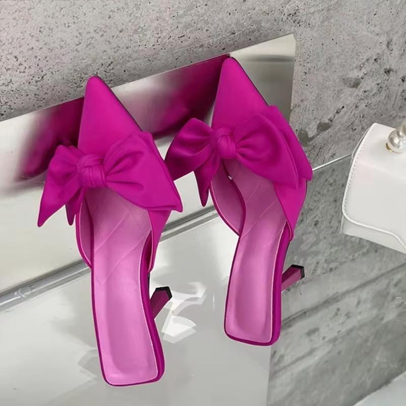 Autumn Big Butterfly-knot Women Slippers Sandals Pointed Toe Mules Stripper High Heel
