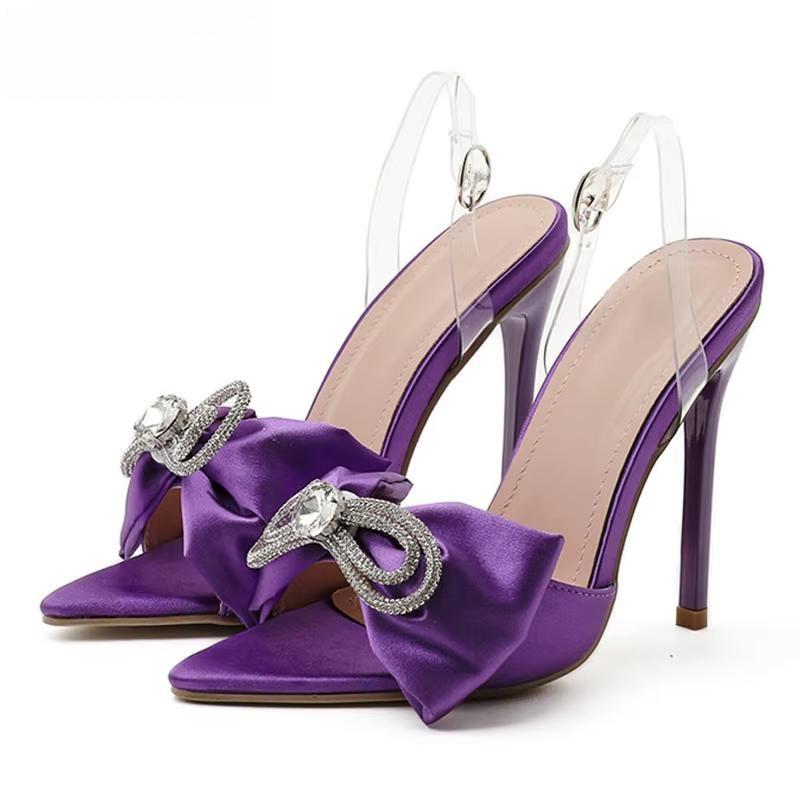 Silk Butterfly-knot Rhinestone Women Mule High Heels Slippers Sandals