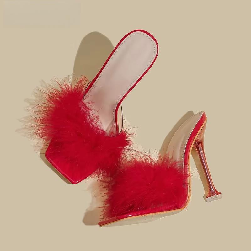 Feather Transparent High Heel PVC Shoes Slippers for Women with Fur Pumps