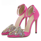 Crystal Satin Ankle Strap Pointed Toe Bridal Stiletto Heels for Women