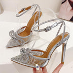 Transparent Silver Crystal Women Pumps with Ankle Strap and Thin High Heels