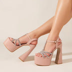 Crystal Buckle Strap Square Toe Platform Sandals with Thick High Heels for Women Designer