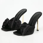 Silk Butterfly-knot High Heels Women Slippers with Square Toe Mule Style