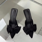 Autumn Big Butterfly-knot Women Slippers Sandals Pointed Toe Mules Stripper High Heel