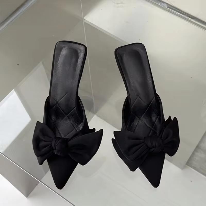 Autumn Big Butterfly-knot Women Slippers Sandals Pointed Toe Mules Stripper High Heel