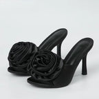 Silk Flower Peep Toe High Heel Slipper Mule Slides for Women