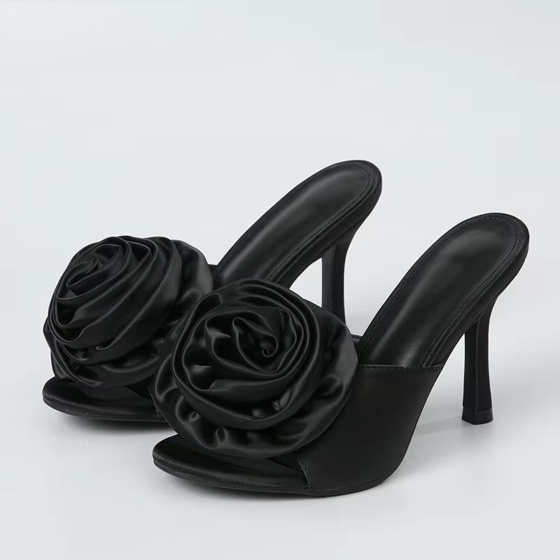 Silk Flower Peep Toe High Heel Slipper Mule Slides for Women