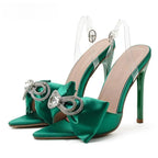 Silk Butterfly-knot Rhinestone Women Mule High Heels Slippers Sandals