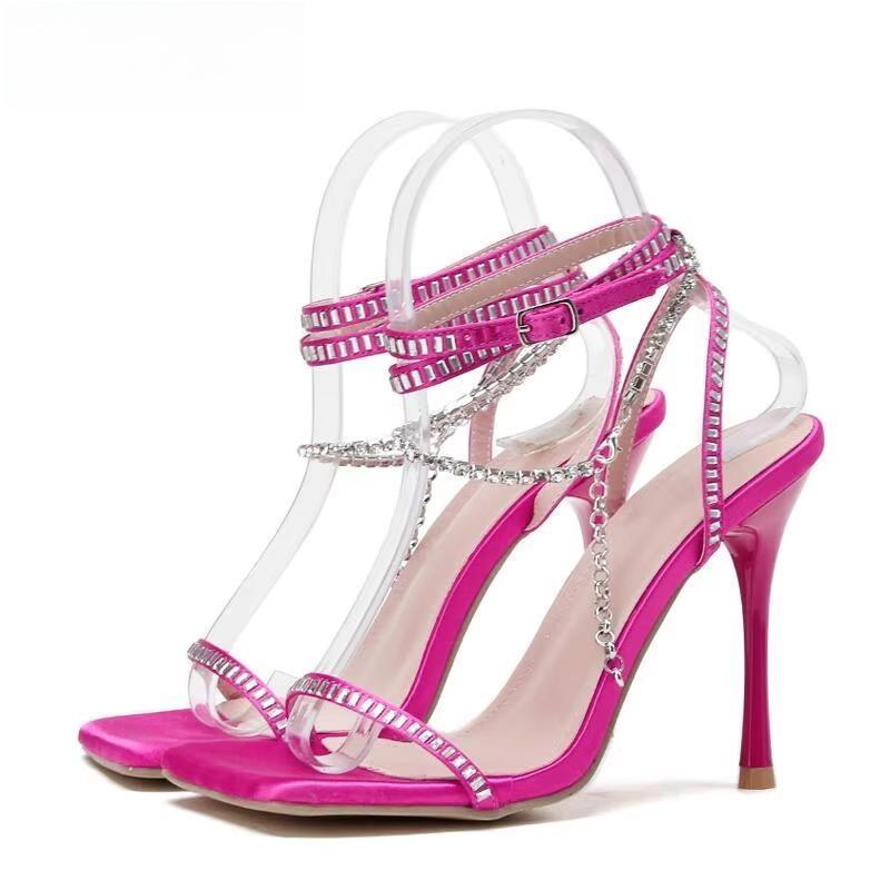 Satin Chain Crystal Sandals Women Ankle Strap for Summer Party Wedding Banquet