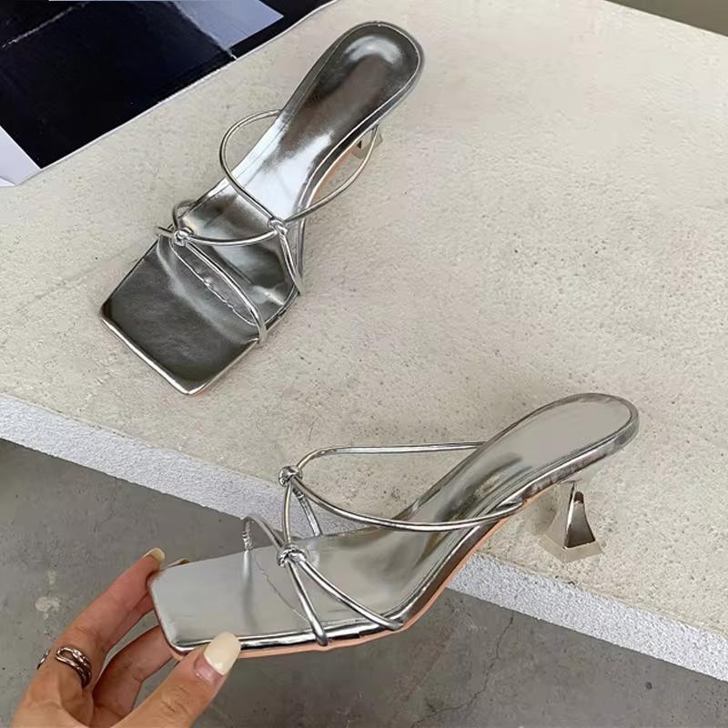 Summer Gold Slipper Low Heel Slides Peep Toe Sandal with Square Heel
