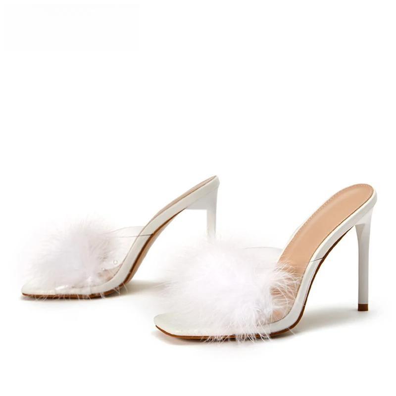 Feather Thin Heels Fur PVC Slippers Sandals for Women