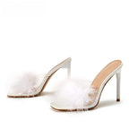 Feather Thin Heels Fur PVC Slippers Sandals for Women