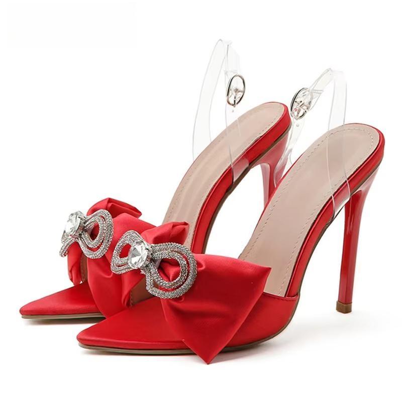 Silk Butterfly-knot Rhinestone Women Mule High Heels Slippers Sandals