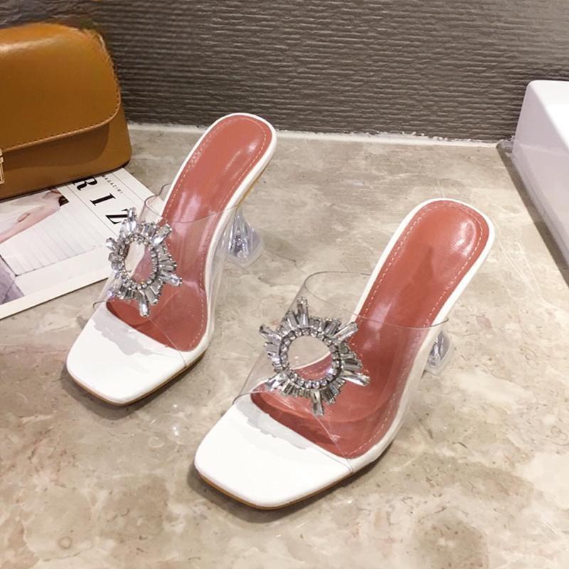 Transparent High Heel Women's Slippers with Sexy Square Toe