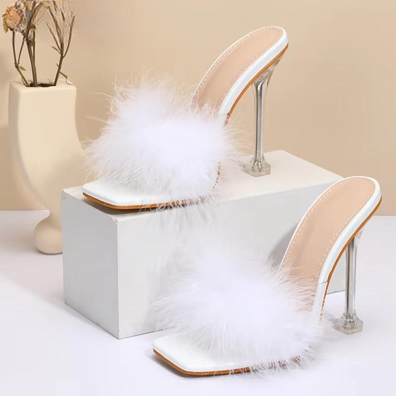 Feather Transparent High Heel PVC Shoes Slippers for Women with Fur Pumps