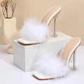 Feather Transparent High Heel PVC Shoes Slippers for Women with Fur Pumps