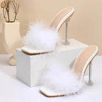 Feather Transparent High Heel PVC Shoes Slippers for Women with Fur Pumps