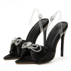 Silk Butterfly-knot Rhinestone Women Mule High Heels Slippers Sandals