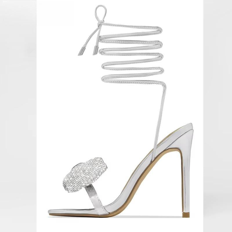 Butterfly Knot Rhinestone Lace Up Sandals for Women