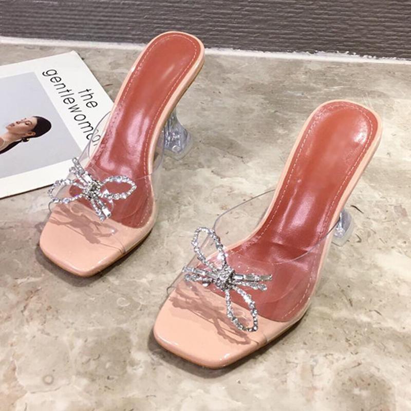 Transparent High Heel Women's Slippers with Sexy Square Toe