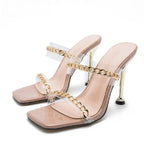 Clear PVC High Heel Slippers with Chain Design Square Toe Summer Fashion Slide