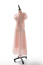 Date Night Dresses Maxi Ruffles Zipper Short Sleeves Stand Collar Petal Sleeves Elegant Pink Dress