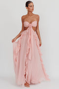 Strapless Rosette Bandeau Cut Out Waist Cascading Ruffle Chiffon Maxi Dress