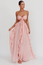 Strapless Rosette Bandeau Cut Out Waist Cascading Ruffle Chiffon Maxi Dress