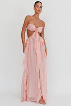 Strapless Rosette Bandeau Cut Out Waist Cascading Ruffle Chiffon Maxi Dress
