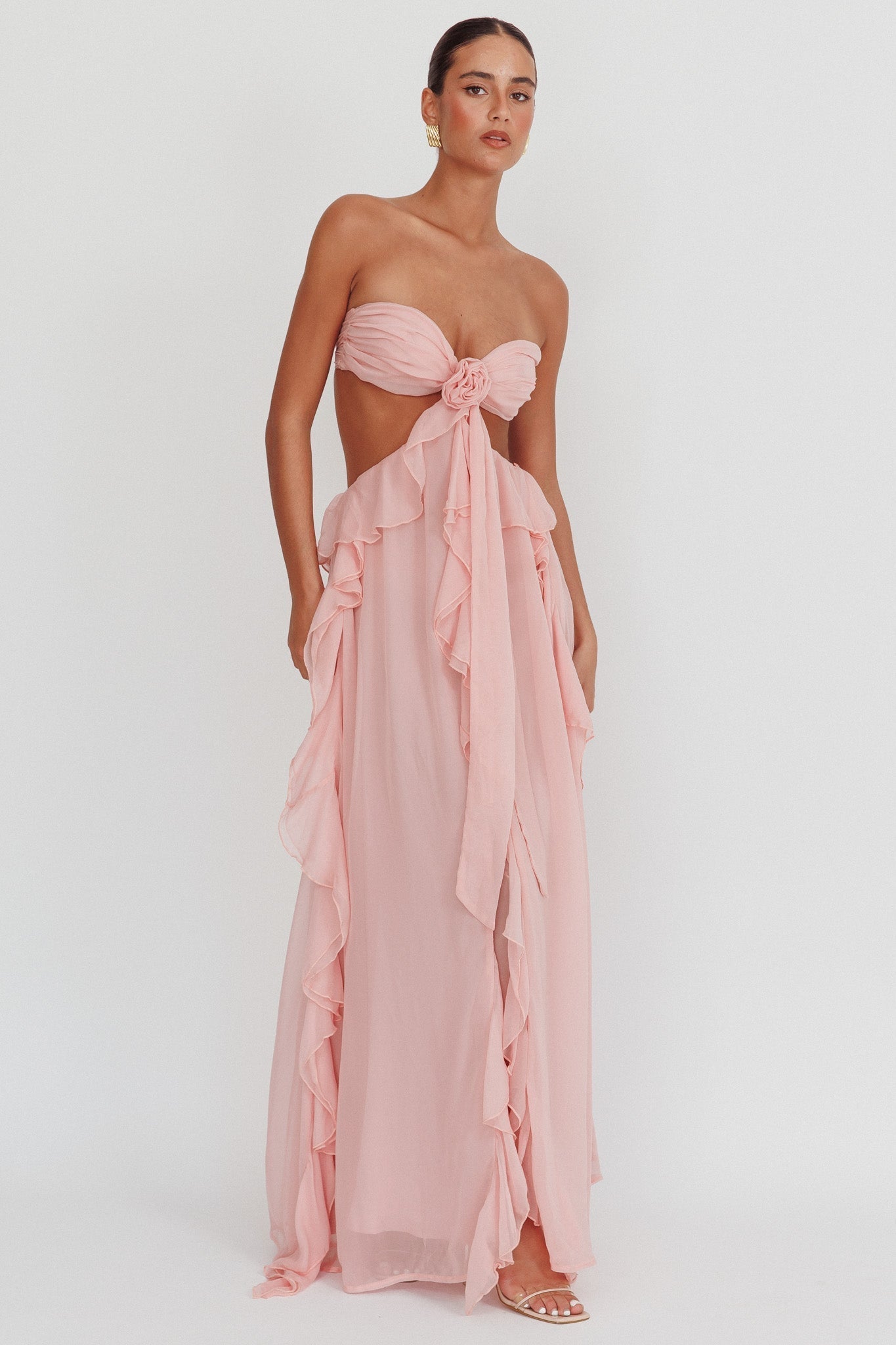 Strapless Rosette Bandeau Cut Out Waist Cascading Ruffle Chiffon Maxi Dress