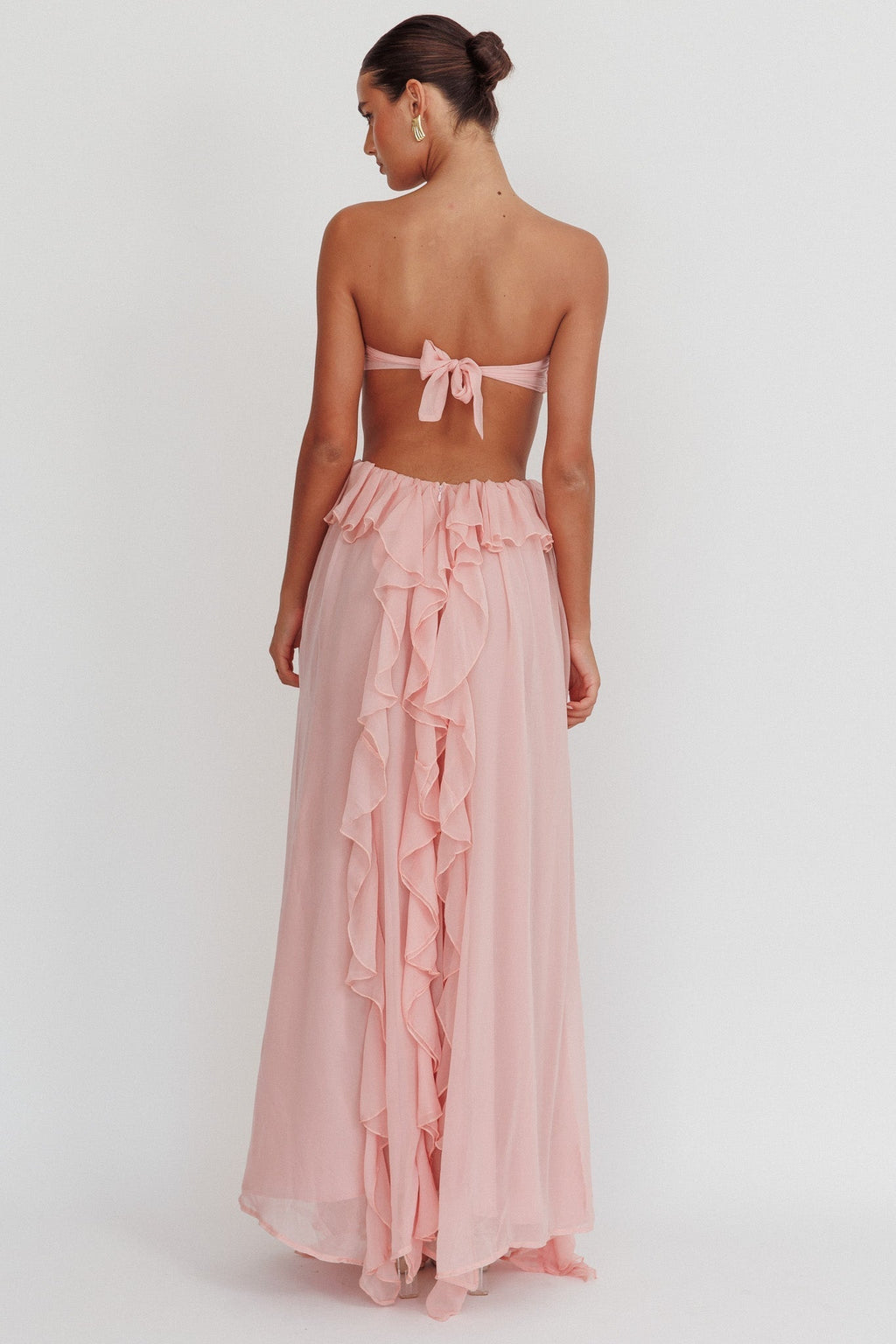 Strapless Rosette Bandeau Cut Out Waist Cascading Ruffle Chiffon Maxi Dress