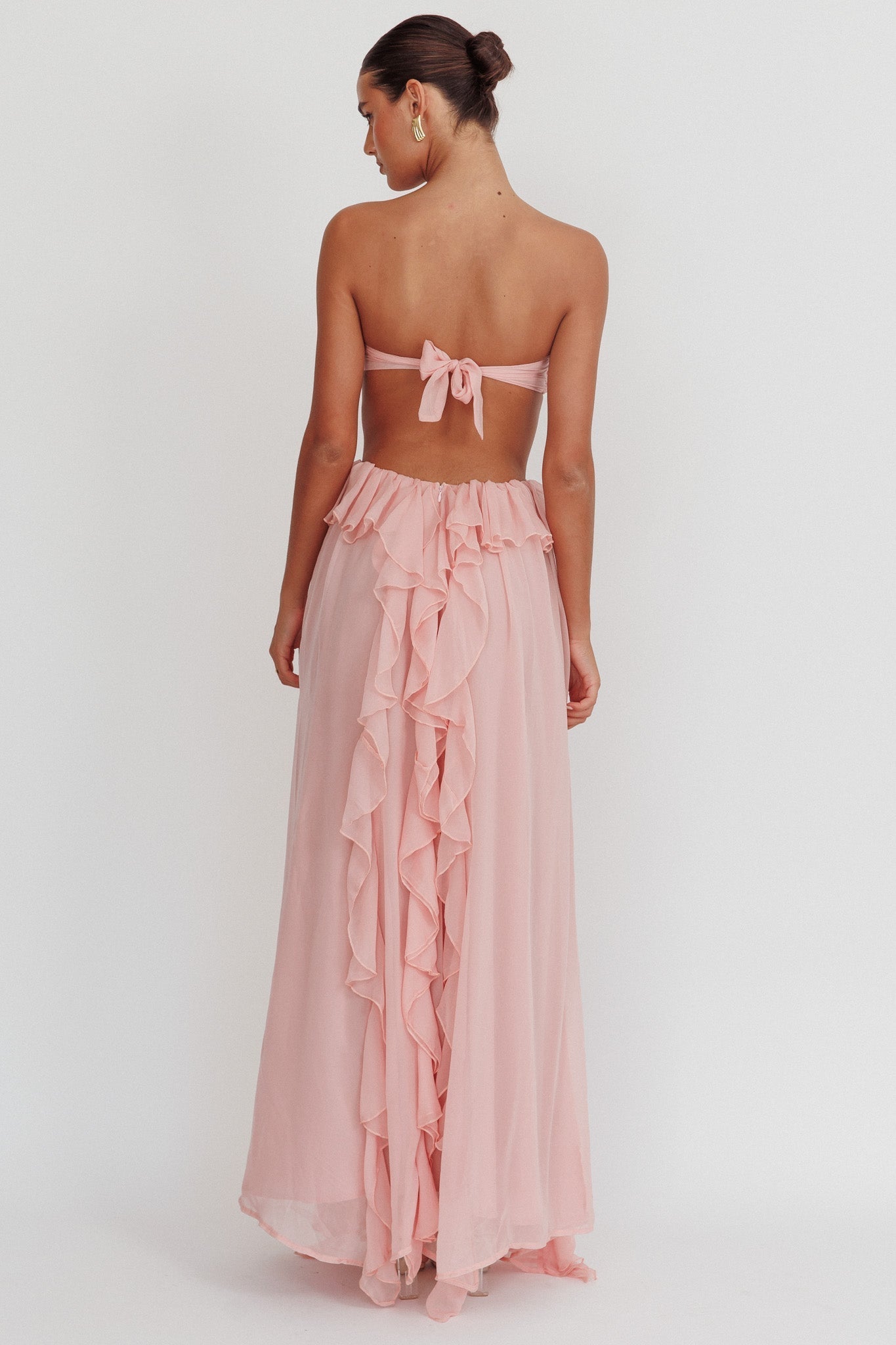 Strapless Rosette Bandeau Cut Out Waist Cascading Ruffle Chiffon Maxi Dress