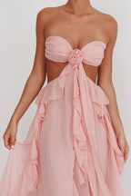 Strapless Rosette Bandeau Cut Out Waist Cascading Ruffle Chiffon Maxi Dress