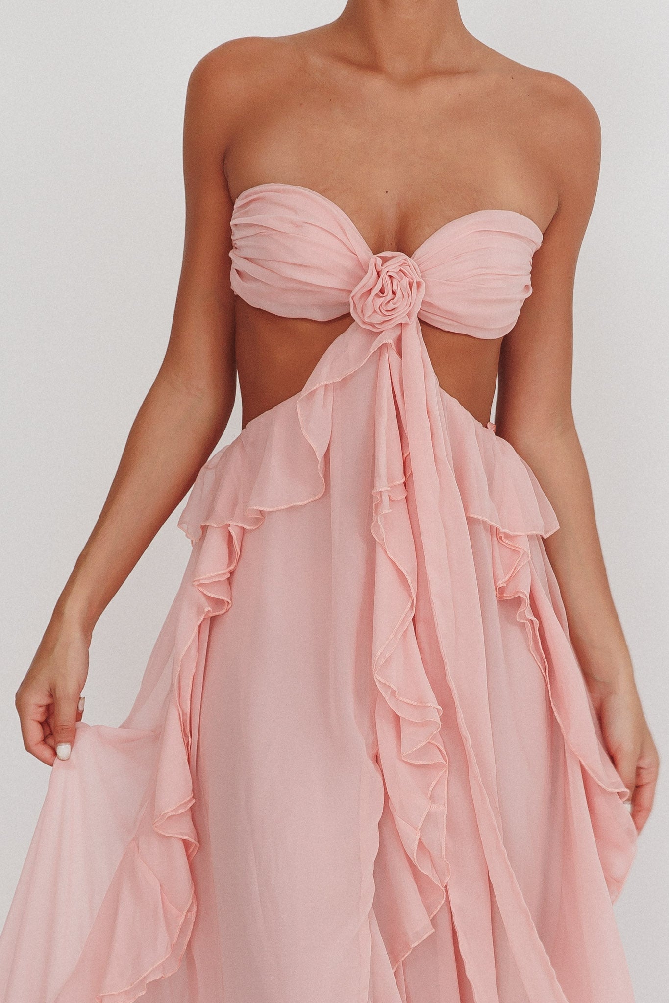 Strapless Rosette Bandeau Cut Out Waist Cascading Ruffle Chiffon Maxi Dress